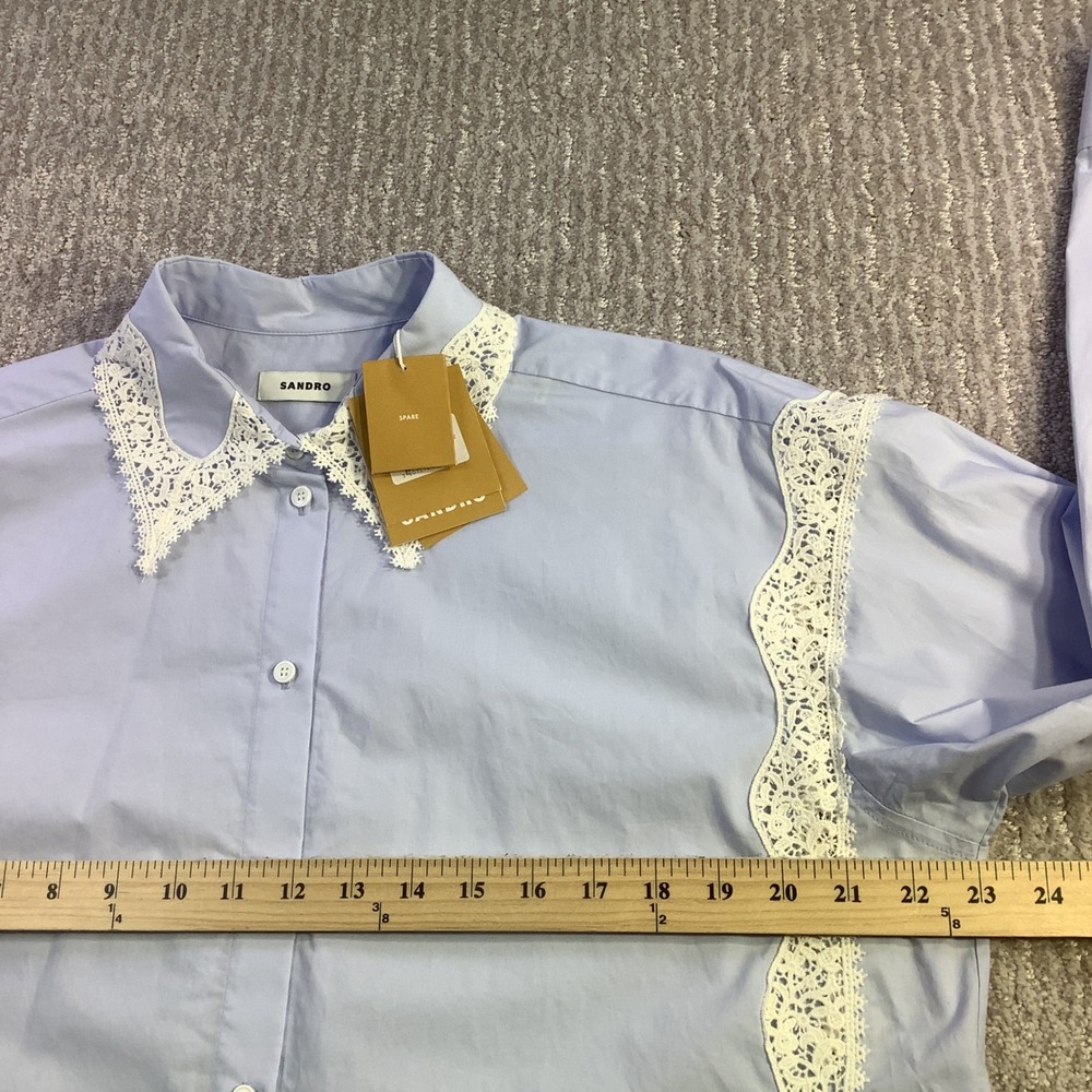 Sandro Gaia Light Blue Lace Trim Cropped Cotton Button Down Shirt Size 40 2 NWT - Picture 10 of 14
